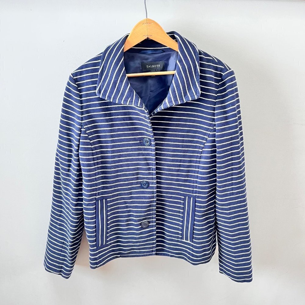 Talbots Navy‎ Blue with White Stripes Sweater Blazer- Size M